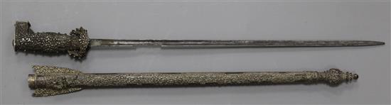 A Balkan niello and white metal-mounted stiletto and scabbard, 19th century, L 42.5cm (blade); 57cm (overall)